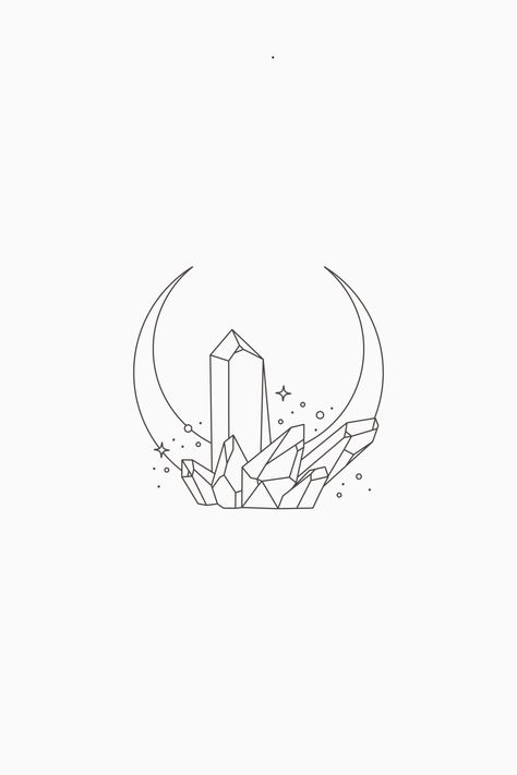 Crystal Illustration Graphic Design, Crystal Graphic Design, Crystal Logo Design Ideas, Moon And Crystal Tattoo, Crystal Cluster Tattoo, Mineral Tattoo, Crystal Cluster Drawing, Crystal Line Art, Mystic Logo Design