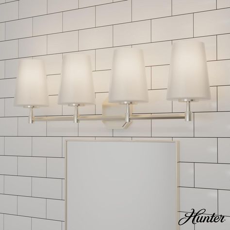 Hunter® Nolita Brushed Nickel 4-light Vanity Light at Menards® Guest Bath Ideas, Vanity Lights Bathroom, School House Lighting, Vanity Wall Light, Light Bathroom Vanity, Bronze Bathroom, Retro Bathrooms, Contemporary Vanity, Hunter Fan