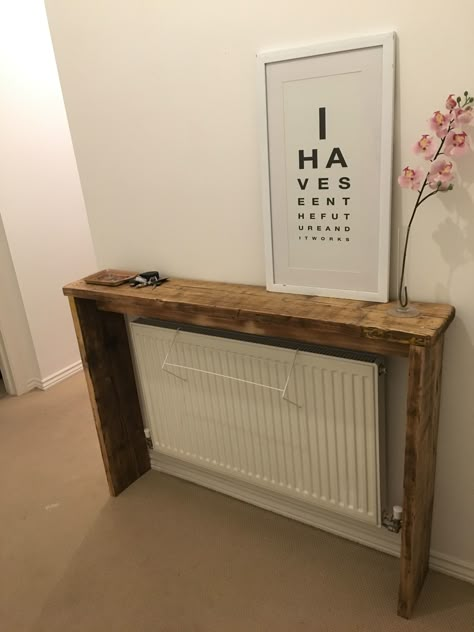 Reclaimed scaffolding board entryway bench / radiator cover Entryway Radiator, Radiator Cover Bench, Bench Radiator, Scaffold Furniture, Diy Radiator Cover, Radiator Shelf, Radiator Covers, Hallway Inspiration, Scaffold Boards