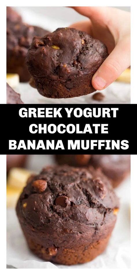 A lightened up, healthy recipe for Greek Yogurt Chocolate Banana Muffins with mashed bananas, Greek yogurt, and maple syrup. Banana Muffins Chocolate, Mashed Banana Recipes, Greek Yogurt Chocolate, Yogurt Chocolate, Muffins Chocolate, Greek Yogurt Muffins, Yogurt Muffins, Banana Muffin, Chocolate Muffin