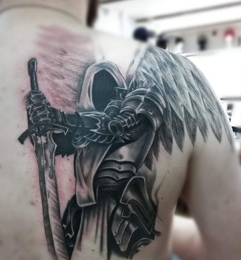 Guardian Angel Tattoo For Men Chest, Devil Tattoo Men, Arc Angel Tattoo, Good And Evil Tattoos, Guardian Tattoo, Angel Warrior Tattoo, Daniel Tattoo, Guardian Angel Tattoo Designs, Archangel Michael Tattoo