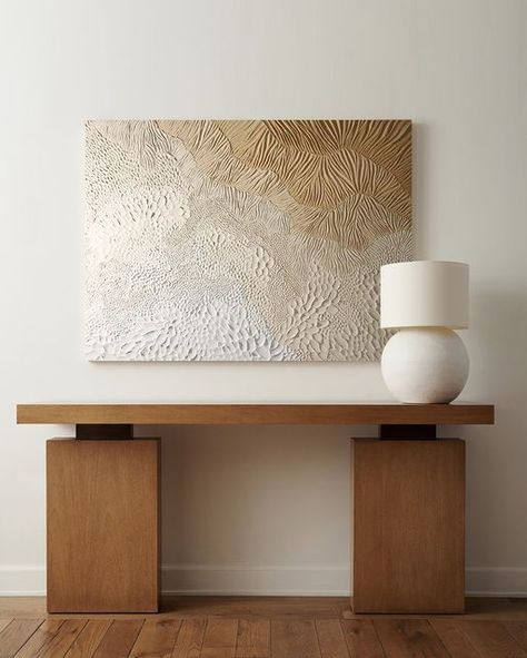 Collection by Anthony Pieters on Instagram: "This digital illustration features a neutral textured artwork hanging above this wooden console table. Just a few pieces like this can bring dimension to an empty space, whether it be a blank wall or a hallway. Understated pieces can still make an impact in your space. . . . . . . . . . . #homedesign #style #interiors #interiordesignhomes #interiordecoration #goldcoastinterior #goldcoasthome #instadecor #thedesignfiles #propertystyling #homestaging Console Table Office, Desk Console Table, Console Table Hallway Luxury, Wooden Console Table Hallway, Hanging Console Table, Anthony Pieters, Entrance Console Design, Console Hallway, Bedroom Console Table