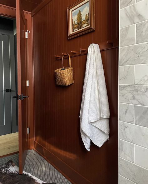 Reddish Brown Farrow And Ball, Burnt Red Bathroom, Rust Bathroom Walls, Rust Colored Bathroom Walls, Dark Orange Bathroom, Bathroom Hygge, Georgian Bathroom, Basement Aesthetic, Rust Bathroom