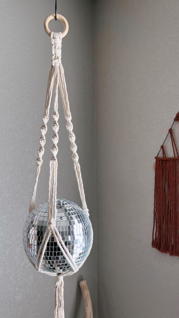 Disco Ball Plant Holder, Macrame Ball Holder, Crochet Disco Ball Holder, Macrame Disco Ball Hanger Diy, Disco Ball Macrame Hanger, Disco Boho Decor, Disco Ball Suncatcher, Macrame Disco Ball Hanger, Disco Macrame