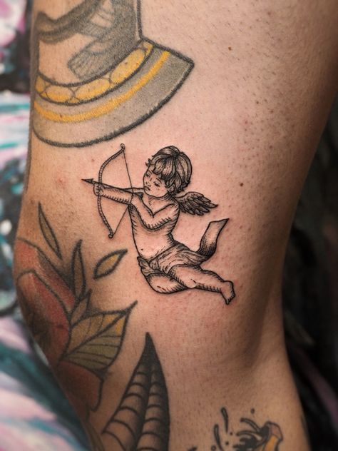 Tattoo made by @lavillanatattoo Traditional Arrow Tattoo, Bow And Arrow Tattoo, Cupid Tattoo, Arrow Tattoo, Bow And Arrow, Line Work, Angel Tattoo, American Traditional Tattoo, Black Line