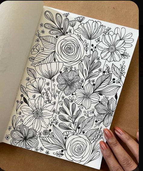 Ink Doodles Sketchbooks, Sketchbook Ideas Flowers, Page Full Of Doodles, Floral Zentangle, Floral Doodles, Doodle Art Flowers, Floral Doodle, Art Journal Therapy, Floral Drawing