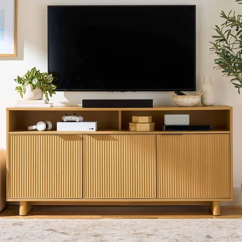 Better Homes & Gardens Lillian Fluted TV Stand for TVs up to 70", Natural Pine Finish - Walmart.com Mill Apartment, Fluted Tv Stand, Cabinet Styling, Neutral Living Room Decor, Blue Couch Living, Cute Apartment Decor, White Refrigerator, Blue Couch Living Room, Chicago Living