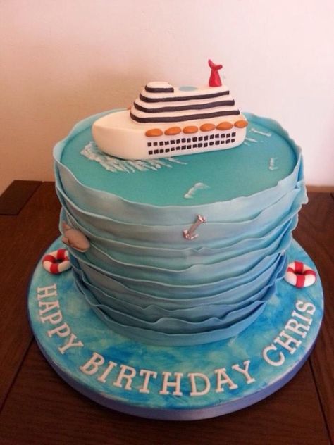 Ship Theme Cake, Ship Cakes Birthday, Cruise Ship Birthday Cake, Cruise Cake Ideas, Ship Cake Design, Cruise Birthday Cake, Ship Cake Ideas, Yacht Cake, Cruise Ship Cake