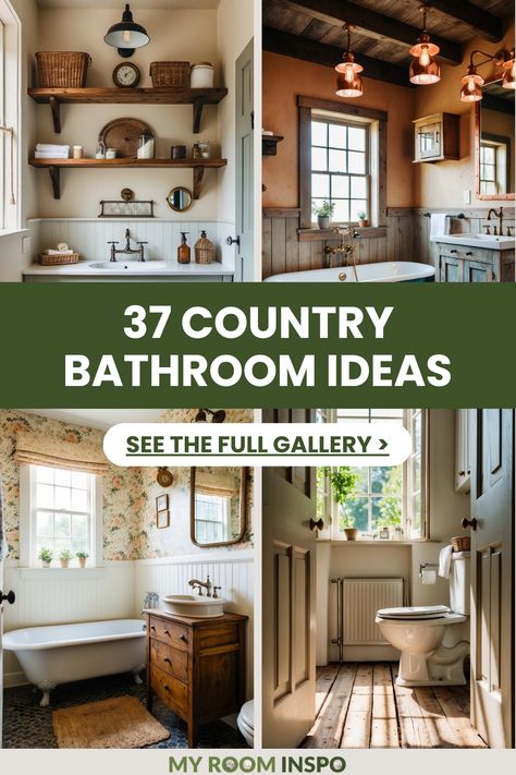 Pin showcasing 4 images of charming country bathroom ideas focusing on rustic decor and cozy atmospheres. Perfect for inspiring your next bathroom transformation. Cabin Like Bathroom, Vintage Country Bathroom Ideas, Vintage Bathrooms Farmhouse, Bathroom Ideas Country Farmhouse, Country Cottage Interiors Bathroom, Country Bathroom Ideas Farmhouse Rustic, Cedar Bathroom Ideas, Farmhouse Rustic Bathroom Ideas, Mountain Bathroom Decor