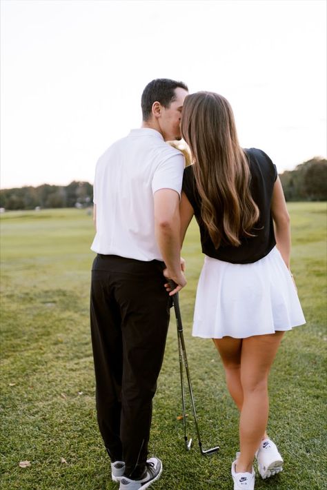 sporty golf course engagement session photoshoot with Becca and Alex during golden hour in Marblehead, MA Golf Engagement Photos, Surprise Engagement Photos, Couples Golfing, Golf Course Wedding Photos, Golf Joggers, Themed Engagement Photos, Golf Wedding, Golf Pictures, Fall Engagement Pictures