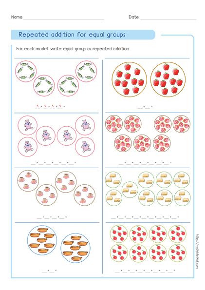 Kid's captivating multiplication models techniques to Write Repeated Addition And Multiplication For Equal Groups. Interesting way to count the total number of objects will reinforce kid's love to do multiplication problems. Repeated Addition Worksheets, Repeated Addition Multiplication, Array Worksheets, Math Multiplication Worksheets, Multiplication Strategies, Repeated Addition, Teaching Multiplication, Multiplication Problems, 1st Grade Math Worksheets