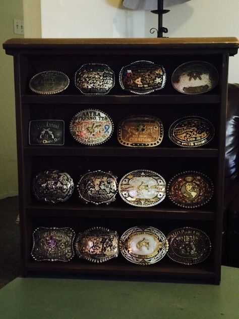 Antique Drawer Turned into. Belt Buckle Display Wooden Belt Buckle Display, Cowboy Furniture, Rodeo Buckles, Horse Ribbon Display, Belt Buckle Display, Buckle Display, Country Western Decor, Rodeo Belt Buckles, Ribbon Display