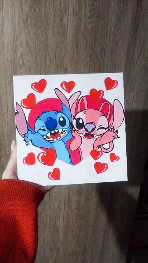 Stitch and Angel from Disney, painted on a white canvas, with lot of red hearts around them Stitch And Angel Painting Canvases Easy, Valentines Canvas Painting Ideas For Him, Lilo And Stitch Painting Easy, Stitch And Angel Painting, Painting Ideas For Girlfriend, Stitch And Angel Valentines, Stitch Canvas Painting, Painting For Bf, Disney Paintings Easy