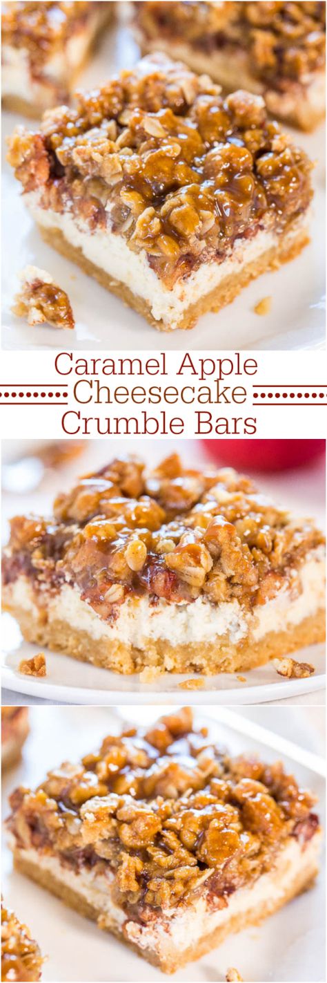 Caramel Apple Cheesecake Crumble Bars - Move over apple pie! These are an apple pie, apple crumble and cheesecake all in one! YUM! Cheesecake Crumble Bars, Cheesecake Crumble, Apple Cheesecake Bars, Caramel Apple Cheesecake Bars, Averie Cooks, Caramel Apple Cheesecake, Apple Cheesecake, Apple Recipe, Oat Crumble