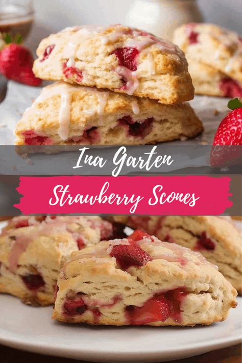 Ina Garten’s Strawberry Scones - tender, buttery scones are infused with the sweet essence of ripe strawberries, making them a perfect treat for breakfast, brunch, or a sweet afternoon pick-me-up. Whether enjoyed with a steaming cup of tea or your favorite coffee, these scones are sure to bring a burst of fruity joy to your day. Strawberry Ricotta Scones, Strawberry Basil Scones, Strawberry Scones Recipe Easy, Rasberry Scones, Strawberry Lemon Scones, Strawberry Breakfast Recipes, Strawberry Rhubarb Scones, Strawberry Scones Recipe, Boozy Tea