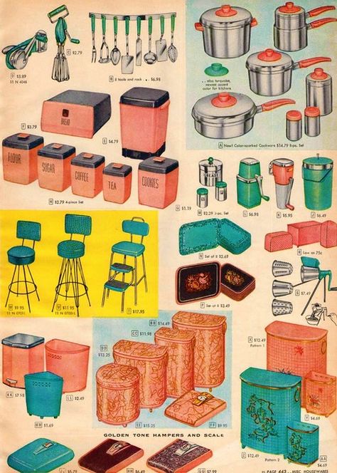 This page from a 1950's Sears catalog is similar to one Mem and her daughters might have looked at when they moved into the house in town. To Mem, modern convenience and town living exemplifies living with dignity. Although Mem's decision to move to town eventually ends in her demise, for a short while she gains back her humanity while living in the house she leased. Bathroom Boho, Retro Kitchens, 1950s Kitchen, Apartment Modern, Sears Catalog, Vintage Kitchens, Kitschy Kitchen, Industrial Bathroom, Deco Retro