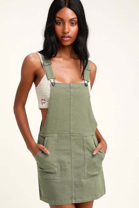 Abigail Sage Green Denim Overall Dress | Lulus 61.00 USD Green Overall Dress, White Mock Neck Top, White Mock Neck, Denim Overall Dress, A Line Mini Skirt, Everyday Dresses, Overall Dress, Dress Outfit, Trendy Dresses