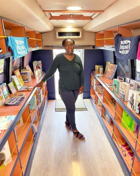 Mobile Bookshop, Mobile Bookstore, David Adjaye, Bookstore Design, Spec House, Blue Shelves, Converted Bus, Shuttle Bus, Bookstore Cafe