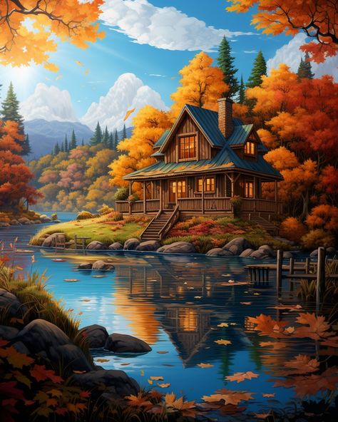 Autumn vibes at lake house #autumn #october #autumnvibes #lake #lakehouse #trees #nature Couple Autumn, Autumn Landscape Painting, Autumn Is Coming, Autumn October, Trees Nature, Lake Painting, Frozen Lake, Autumn Vibes, Log Cabins