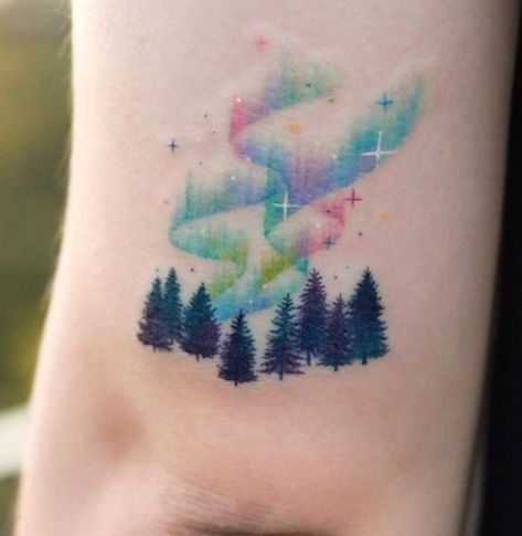 Mini Watercolor Tattoo, Aurora Borealis Tattoo Ideas, Watercolor Sky Tattoo, Galaxy Tattoo Forearm, Aurora Tattoo Northern Lights, Simple Watercolor Tattoo, Minimalist Watercolor Tattoo, Alaska Inspired Tattoos, Northern Light Tattoo