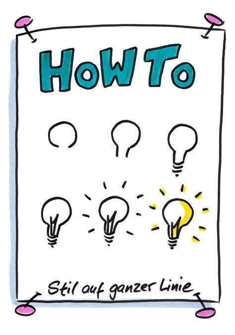 Anleitung zum Glühbirne zeichnen, How To, Visualisierung, Inspiration, visualisieren, Ideen, gestalten, Präsentation, Flipchartgestaltung, Flipchart, Sketchnote, Sketchnotes, Tipp, Bildvokabel, Bildvokabeln, Bilderwörterbuch, zeichnen lernen, Symbole, visual notes, Visual Facilitation Flipchart Ideas, Sketch Notes Doodles, Visual Facilitation, Light Bulb Drawing, Visual Note Taking, Sketch Note, Note Doodles, Doodle Notes, Visual Notes