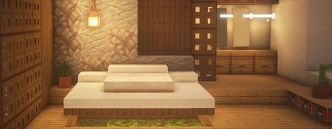 Minecraft Bedroom For 2, Modern Minecraft Bedroom Design, Modern Bedroom Ideas Minecraft, Bed Builds Minecraft, Minecraft Building Bedroom Ideas, Minecraft Japanese Room Ideas, Minecraft Bedroom Ideas Modern, Japanese Bed Minecraft, Bedroom Minecraft Design