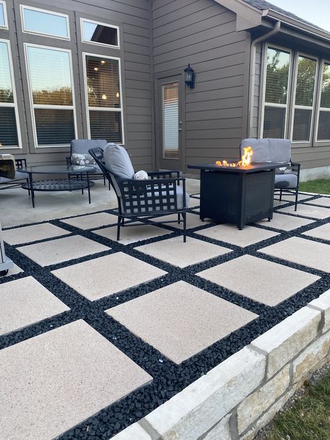 Paver Patio With Pea Gravel, Stairs From House To Backyard, Cover Concrete Patio With Pavers, Front Lawn Patio Ideas, Patio With Rocks And Pavers, Concrete Patio Front Of House, Gravel Landscaping Around Trees, Backyard Landscaping Pavers Yard Ideas, Side House Patio