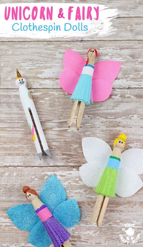 Fairy and Unicorn Clothespin Dolls are a lovely craft for kids to make and a delightful spin on traditional peg dolls! This fairy craft is simple to make and quite magical! Everyone will love these pocket sized homemade dolls to play with. #kidscraftroom #unicorn #fairy #fairytale #kidscrafts #pegdolls #fairies #clothespindolls #clothespincrafts A Fairy And Unicorn, Mermaid Pirate, Unicorn Fairy, Kids Craft Room, Homemade Dolls, Unicorn Crafts, Fairy Crafts, Fun Arts And Crafts, Easy Arts And Crafts