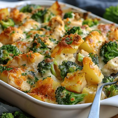 Baked Potato Chicken and Broccoli Casserole - Grammy Recipes Jalapeño Popper Chicken Bake With Broccoli, Chicken Potato Broccoli Bake, Rotisserie Chicken Broccoli Recipes, Baked Potato Chicken Broccoli Casserole, Healthy Chicken Casserole Clean Eating, Chicken And Potatoes Casserole Recipes, Baked Potato Chicken And Broccoli Casserole, Baked Potato Chicken And Broccoli, Chicken Potato Broccoli Casserole