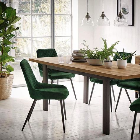 This fresh green dining room can be created with pieces from our Spring collections - see Arboretum faux foliage, Alfa green velvet chairs and Foundry rustic dining table  Image spotted  @nilifestyle  #springfresh #greeninteriors #fauxplants #interiordesign #interiorstyle #interiors #furniture #diningroom #diningtable #fauxplants #greenvelvet #velvetchair #greenvelvetchair #scandistyle #furniture #homedecor #homestyle Green Chairs, Green Dining Room, Solid Oak Table, Oak Table Top, Red Living, Green Dining Chairs, Swivel Dining Chairs, Barker And Stonehouse, Velvet Chair