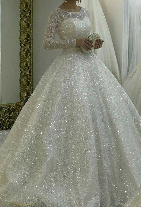 Baju Kahwin, Prom Dresses Sparkly, Gown Prom Dresses, Long Sleeve Ball Gowns, Sparkly Wedding Dress, Muslim Wedding Dresses, White Wedding Gowns, Wedding Dress Sequin, Sparkly Wedding