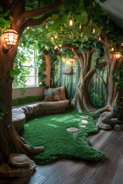 Forest Themed Interior Design, How To Build A Fake Tree, Library Themed Room, Enchanted Forest Reading Corner, Woodland Bedroom Aesthetic, Enchanted Interior Design, Forest Inspired Nursery, Cute Cottage Core Room Ideas, Enchanted Tree House