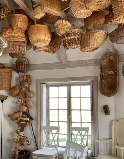 Baskets Hanging From Beams, Display Baskets Ideas, Hanging Baskets In Kitchen Ceilings, Hanging Baskets Kitchen Ceiling, Basket Collection Display Ideas, Basket Display Ideas, Anthropologie Hanging Basket, Houses Cottage, Cottage Core Basket