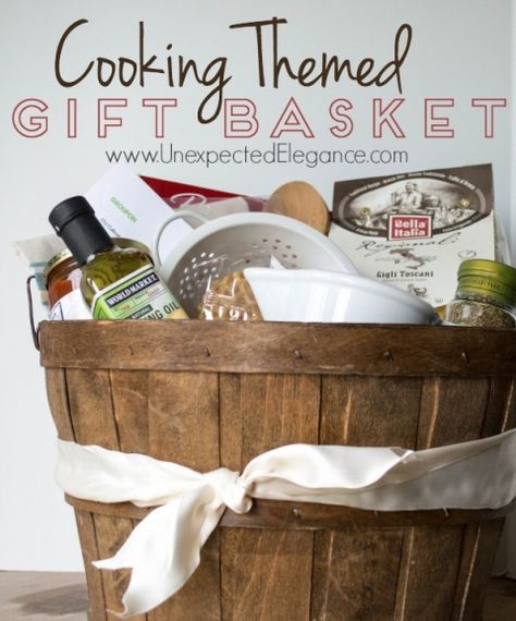 Do you need a gift for a culinary genius who loves to cook?  Give them a cooking themed gift basket this year, complete with cooking classes!! Cooking Raffle Basket Ideas, Cooking Themed Gift Baskets, Ffa Auction Ideas, Cooking Baskets Gift Ideas, Cooking Gift Basket Ideas, Pasta Gift Basket Ideas, Cooking Gift Basket, Cooking Gifts Basket, Christmas Hike