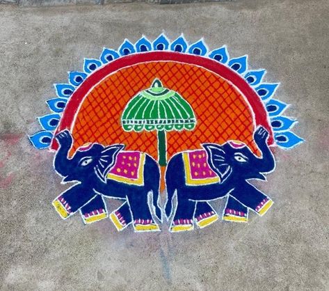 Elephant Rangoli Design, New Year Rangoli Designs Latest Unique, Elephant Rangoli, Rangoli Designs Latest Unique, Kolam Border, 3d Kolam, Unique Rangoli Designs, Rangoli Diwali, Mysore Painting