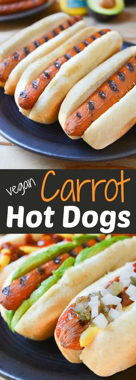 Carrot Hot Dogs can be topped any way you like. Plus, they’re grillable which make them great for vegan summer BBQ's! Leave the unhealthy mock meats at the store and slide a carrot between those buns instead! Grilling, stovetop and oven directions included! Carrot Hot Dogs, Vegan Grilling Recipes, Carrot Dogs, Vegan Grilling, Vegan Meat, Vegan Bbq, Vegan Kids, Hot Dog Recipes, Oil Free Vegan