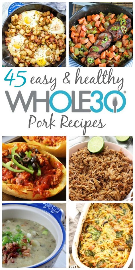 These 45 Whole30 pork recipes include ideas for breakfast, main meals for dinner or meal prep, along with soups and stews. While they're Whole30, they're also all great options for Paleo, gluten-free, dairy-free or just real food! There are a lot of recipes for bacon, pork shoulder and sausage. #whole30 #whole30pork #whole30recipes #paleo #porkrecipes Main Meals For Dinner, Healthy Pork Recipes, Meals For Dinner, Creamy Salmon, Sweet Potato Buns, Homemade Breakfast Sausage, Healthy Pork, Ideas For Breakfast, Skillet Recipes