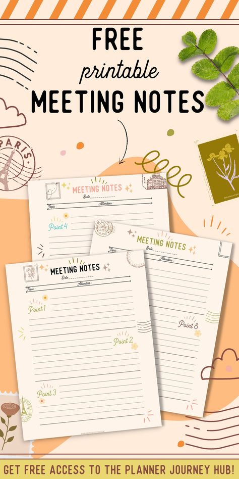 The text on the image: Free Printable Meeting Notes. Cozy Printable Digital Notes Template use this printed or digitally with GoodNotes! Join for free to my Planner Journey Hub and get free access to the FREEBIE VAULT! Meeting Notes Template, Date Topics, My Planner, Meeting Notes, Aesthetic Template, Notes Template, Planner Template, Getting Organized, Save Time