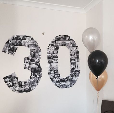 30th Birthday Photo Decorations, 30th Birthday Photo Display, 30 Man Birthday Party, 1st And 30th Birthday Party, Black And White Party Decorations Diy, 30 Mens Birthday Party, 30 Photo Collage, Husband Surprise 30th Birthday Party, 30th Birthday Parties Men