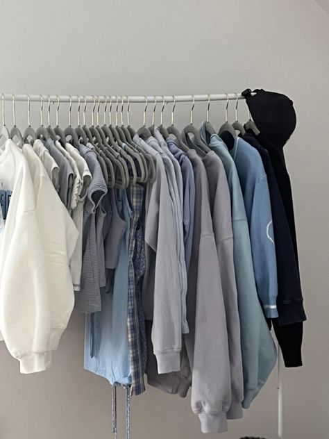 Hanged Clothes Aesthetic, Clothes Rail Aesthetic, Blue Closet Aesthetic, Stack Of Clothes, Clothes Wardrobe, Clean Closet Aesthetic, Pile Of Clothes Aesthetic, Capsule Wardrobe Aesthetic, Clothing Rack Bedroom