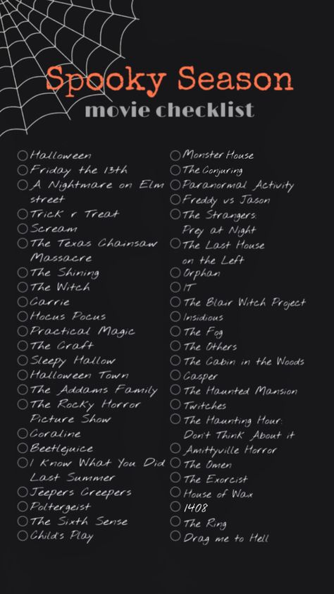 #spooky #spookyseason #halloween #fall #autumn #movie #checklist Halloween Month Movies, Classic Slasher Movies List, Scary Movie Checklist, Spooky Season Calendar, 30 Day Halloween Movie Challenge, Fall Movie Checklist, Slasher Movies List, Fun Halloween Activities For Adults, Horror Movie Checklist