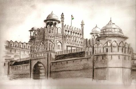 Red Fort Sketch, Indian Monuments Sketches, Fort Sketch, Wedding Card Wordings, Charcoal Artwork, Photoshop Backgrounds Backdrops, Red Fort, Charcoal Sketch, Architecture Drawing Art