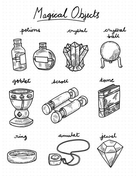 Magical Objects Sticker Sheet for Goodnotes. 50+ hand-drawn stickers of magical objects for your iPad planner. #ipadplanner #goodnotes . #Fantasy_Spellbook_Pages #Magic_Objects_Aesthetic #Fantasy_Objects_Magic #Fantasy_Journal_Aesthetic Fantasy Spellbook Pages, Fantasy Objects Magic, Magic Objects Aesthetic, Dnd Journal Aesthetic, Fantasy Journal Aesthetic, Fantasy Journal Pages Ideas, Magical Objects Ideas, Magic Objects Fantasy Art, Witchy Journal Pages