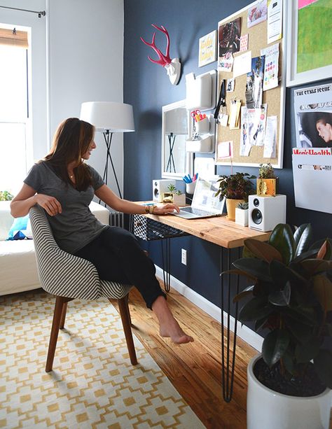 Benjamin Moore Hale Navy Blue Office Decor, Navy Blue Office, Navy Office, Blue Home Offices, Blue Office, Office Nook, Guest Room Office, Office Makeover, Small Home Office