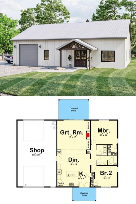 Metal Building House Plans, Country Style Bedroom, Open Living Space, Carriage House Plans, Pole Barn House Plans, Barn Style House Plans, Small House Floor Plans, Garage House Plans, Tiny House Floor Plans