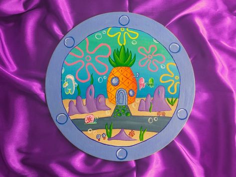 Spung Bob Paintings, Spongebob Window Painting, Spongebob Window, Spongebob Crafts, Spongebob Painting, Circle Canvas, Poster Diy, Circle Painting, Posca Art