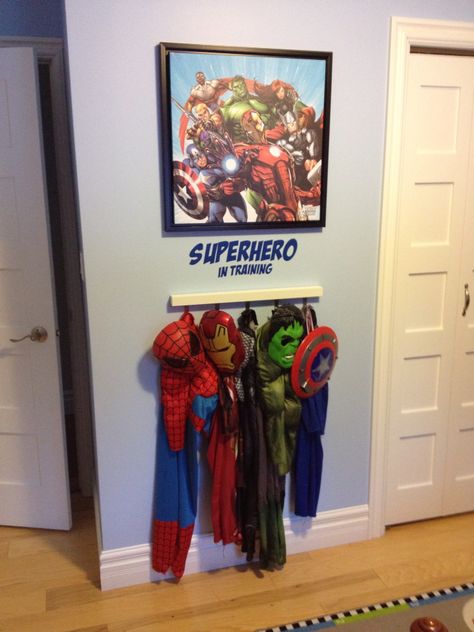 Super Hero Costume Storage, Super Hero Boys Room Ideas, Super Hero Boys Bedroom, Spiderman Kids Room, Ikea Hooks, Boys Superhero Bedroom, Spiderman Bedroom, Marvel Bedroom, Toddler And Baby Room