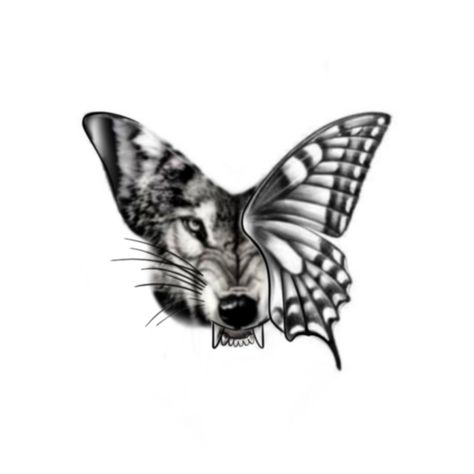 Half face of wolf showing agrresion with half of it covered by half butterfly. Wolf Butterfly Tattoo Design, Wolf With Butterfly Tattoo, Half Wolf Face Tattoo, Wolf Moon Tattoo Design, Wolf Butterfly Tattoo, Wolf And Butterfly Tattoo, Wolf Butterfly, Tiger Butterfly Tattoo, Wolf Face Tattoo