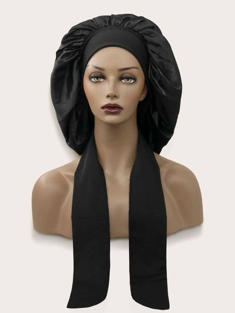 Solid Hair Bonnet | SHEIN USA Solid Black Hair, Hair Bonnets, Big Afro, Long Dreads, Silk Bonnet, Striped Tunic Dress, Satin Bonnet, Hair Bonnet, Long Curls