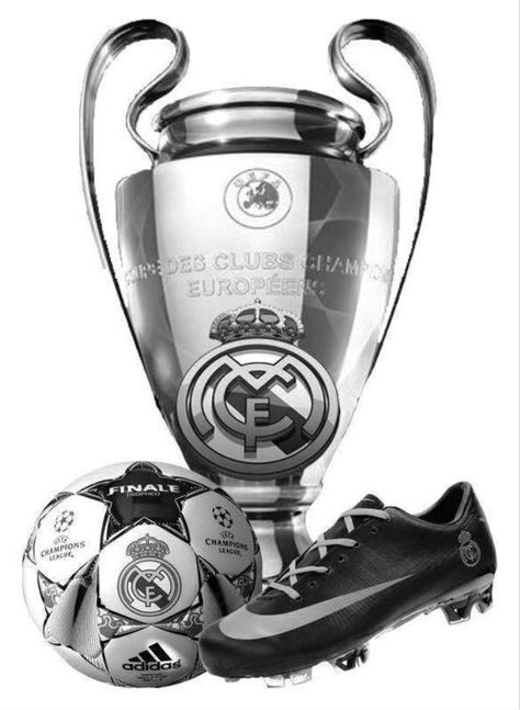 Imágen del escudo del Real Madrid sobre la Copa de la Champions League, junto con un balón de fútbol y unos tacos. Ronaldo Tattoo, Escudo Real Madrid, Real Madrid Cr7, Real Madrid Kit, Real Madrid Champions League, Cr 7, Santos Laguna, Santiago Bernabeu, Metal Furniture Design